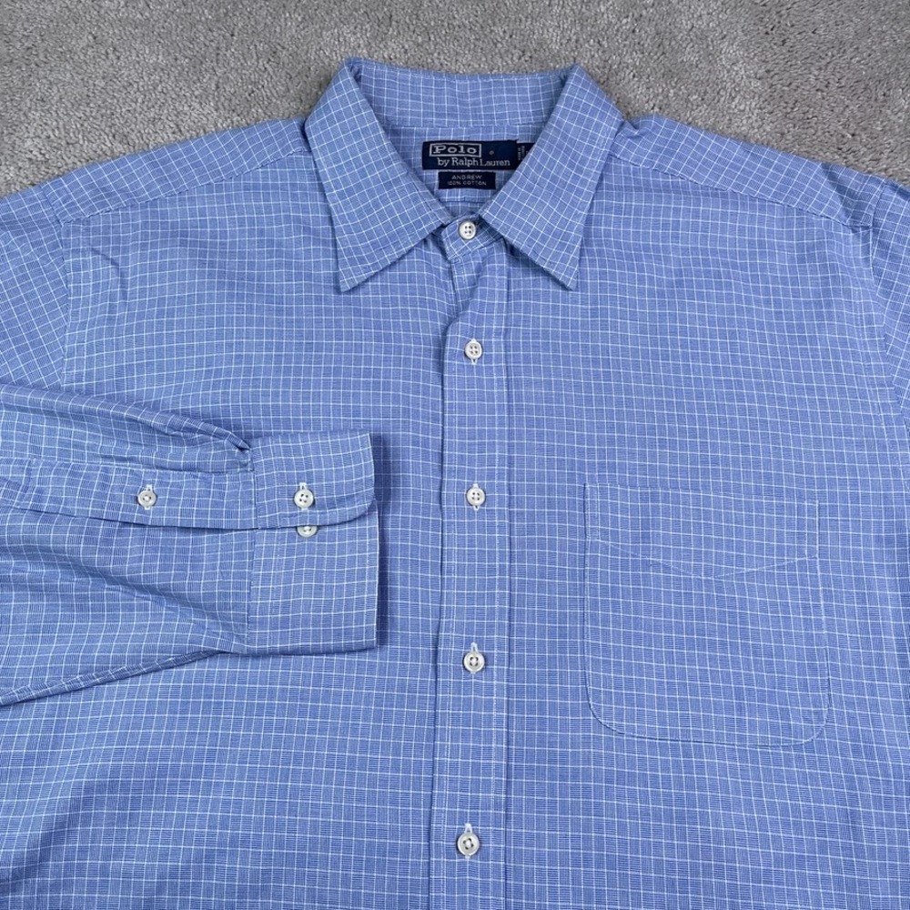 Vintage Polo Ralph Lauren Shirt Men 17-34 Blue Checkered Andrew Cotton Button Up